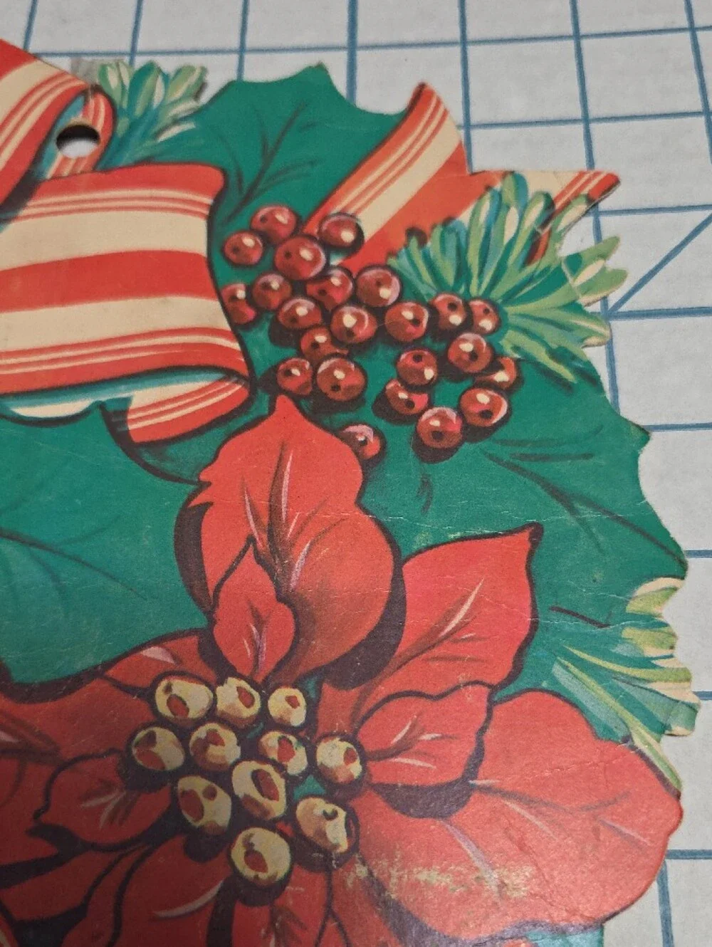 Holiday Poinsettia and Ribbon Party Die Cut - Green & Red, VTG, 10.5